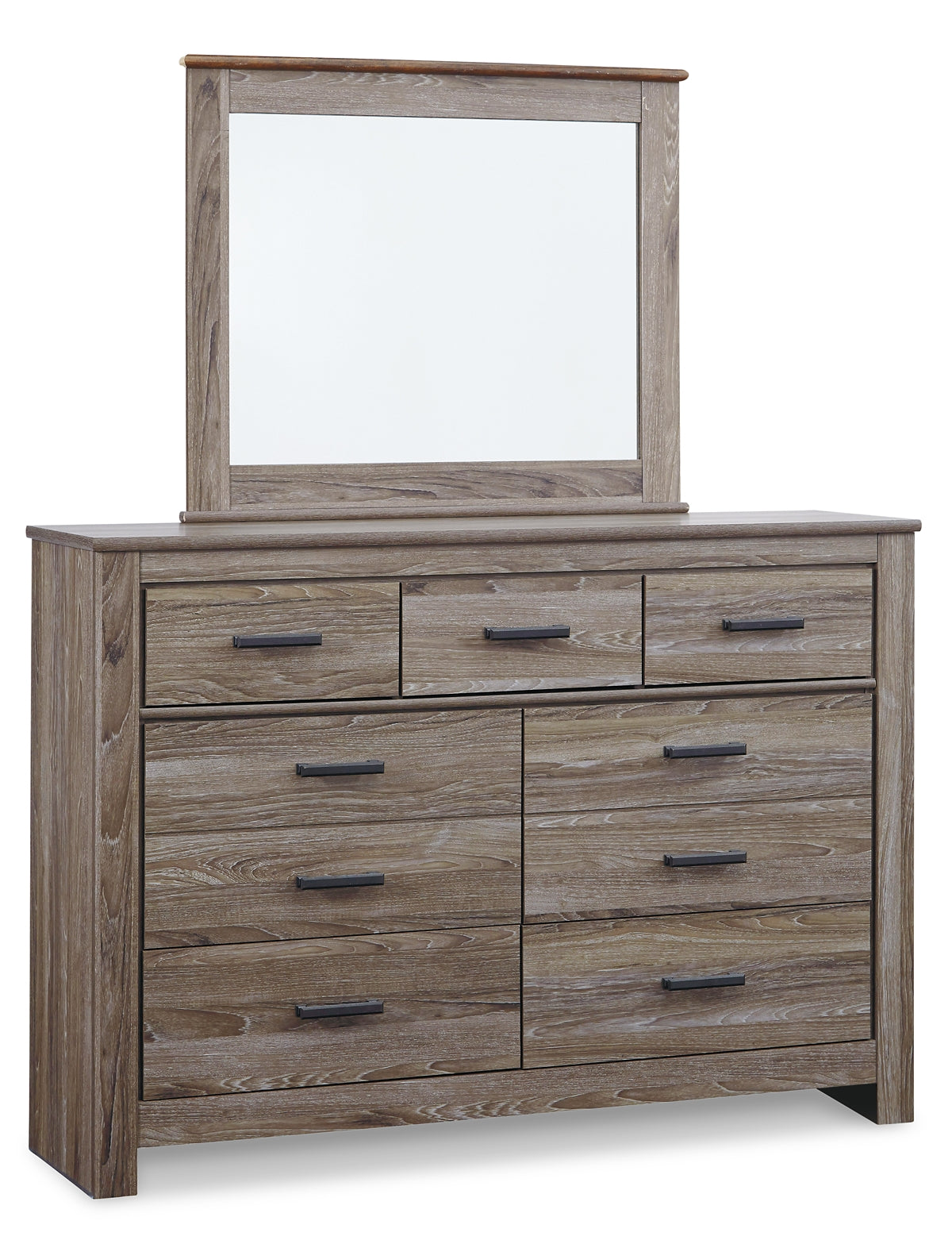 Zelen Queen Panel Bed with Mirrored Dresser, Chest and Nightstand